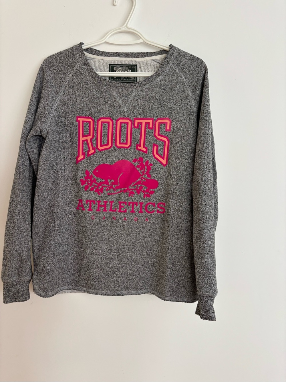 Roots Gray Crewneck Sweatshirt with Pink Logo